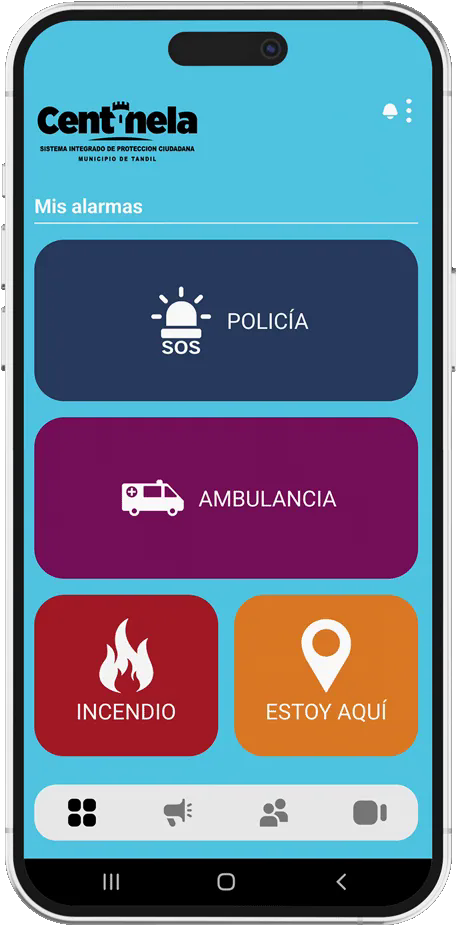 Pantalla principal con botones de policía, ambulancia, incendio y Estoy Aquí
